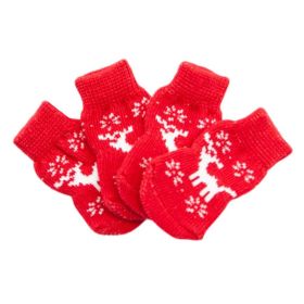 Dog Foot Covers 4 Pcs Christmas Red Elk Knitted  Socks Cartoon Puppy Socks