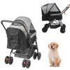 Dog Stroller, 4 Wheels Rotate w/ Brakes, 44 lbs Weight Capacity, Puppy Stroller with Reversible Handlebar, Storage Basket and Zipper