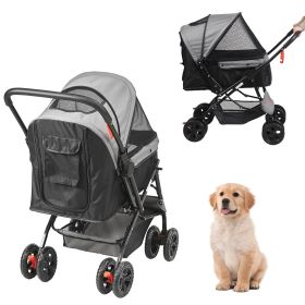 Dog Stroller, 4 Wheels Rotate w/ Brakes, 44 lbs Weight Capacity, Puppy Stroller with Reversible Handlebar, Storage Basket and Zipper