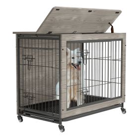 Dog Crate Heavy Duty Wooden Kennel with Double Doors & Flip-Top for Large Dogs, Furniture Style Dog Crate End Table with Wheels