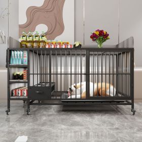 Dog crate with storage rack, drawers with stainless steel food and water basin