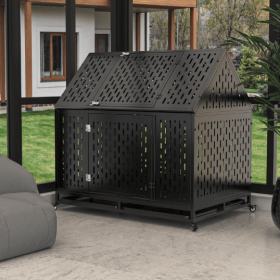 Dog Crate 45 Inch Indestructible Kennel w/ Roof, 2 Doors, Removable Trays, Large Dogs (Option 1: Black1)