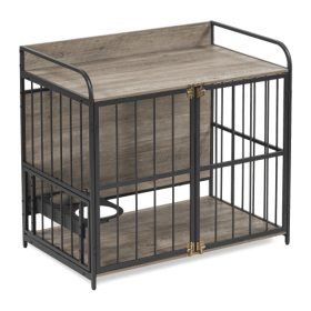 Dog Cage Furniture-Style w/ Adjustable Feeding Rack for Medium-sized Dogs (Option 1: Grey)