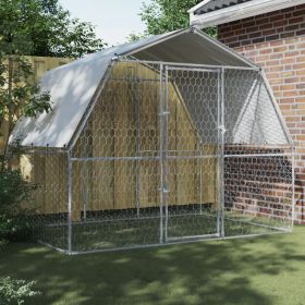 Dog Cages with Roof and Door Silver Galvanized Steel (Color: Silver)