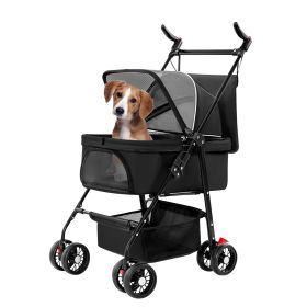 Dog Stroller Foldable Carrier Jogger  Stroller with Removable Liner Storage Basket (Color: Black)