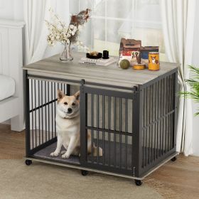 Dog Crate Sliding Iron Door with Mat, Furniture-Style (Rustic Brown, 43.7'' W x 30'' D x 33.7'' H) (Color: Grey)