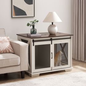 Farmhouse Dog Crate Furniture with Sliding Barn Door (Color: White)