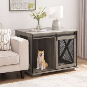 Farmhouse Dog Crate Furniture with Sliding Barn Door (Color: Gray Wash)