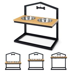 Dog Feeder 5 Heights Elevated with 2 Detachable Stainless Steel Bowl (Color: Natural)