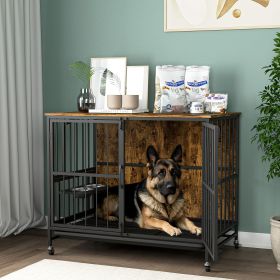 Dog Kennel room up to 80 LB, Furniture-style with Multi-Purpose Removable Tray, Double-Door, Lift Panel, 360 Degree Rotation (Color: Antique brown)