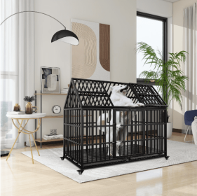 Dog Crate Heavy Duty 54 Inch Indestructible Kennel With Roof Top 2 Doors Removable Trays (Option 1: BlackSteel54)